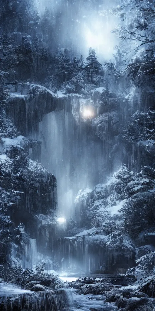Prompt: photorealistic full shot of waterfall at moonlight, apocalyptic background, snowing, lightning bolt, high detail, unreal engine 4k volumetric light, fog,
