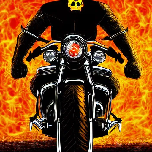 Prompt: Ghost Rider riding motorcycle through the gates of hell, detailed digital art,