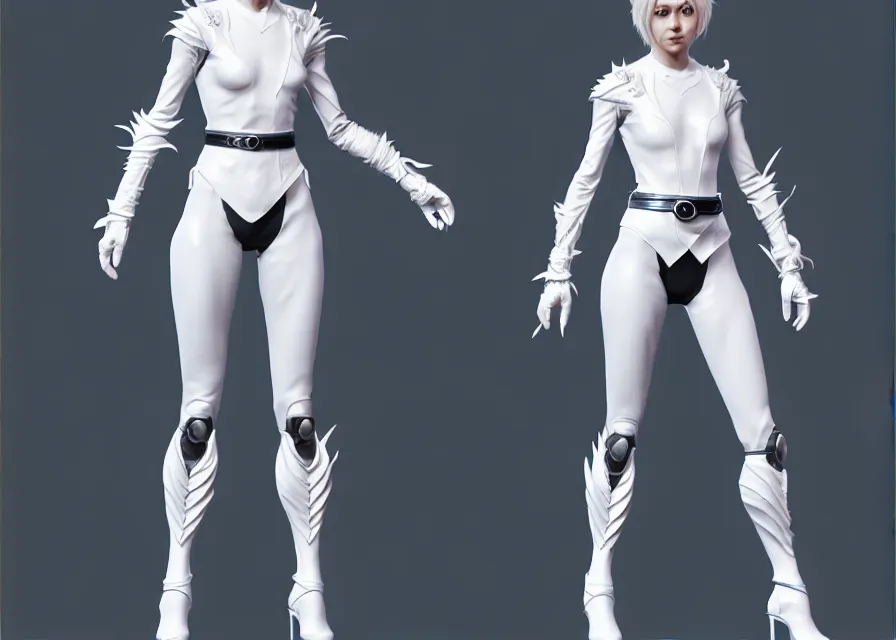 Prompt: female kamen rider character concept art sprite sheet of abstract white swan concept, big belt, wing, human structure, concept art, hero action pose, human anatomy, intricate detail, hyperrealistic art and illustration by irakli nadar and alexandre ferra, unreal 5 engine highlly render, global illumination