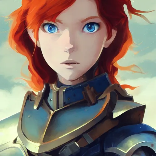 Prompt: portrait of a young redheaded woman with blue eyes and wearing a armor, medieval background, highly detailed, digital painting, artstation, matte, by makoto shinkai, animation style, studio ghibli, anime key visual