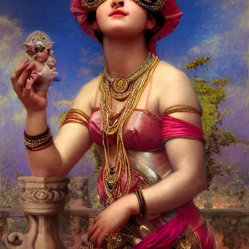 Image similar to detailed figure of hindu traditional girl blindfolded high - tech vr headset in baroque style, girl graceful,, painting by gaston bussiere, craig mullins, j. c. leyendecker, lights, art by ernst haeckel, john william godward, hammershøi,,