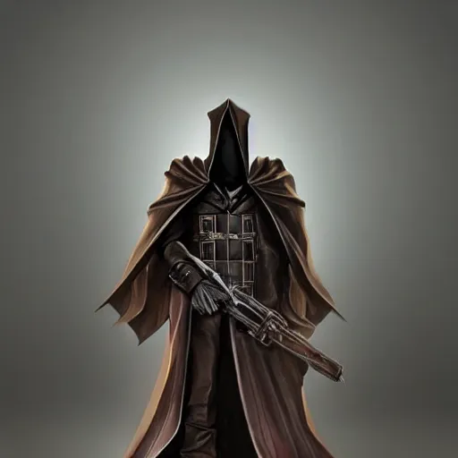 Image similar to a dark cloak with a handgun sticking out of the top where the head should be