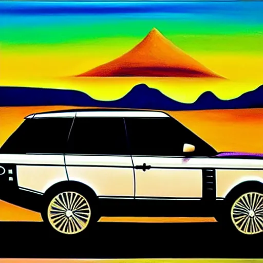 Image similar to a range rover in the desert with mountains in the back during a beautiful sunset in the style of Salvador Dalí, oil on canvas