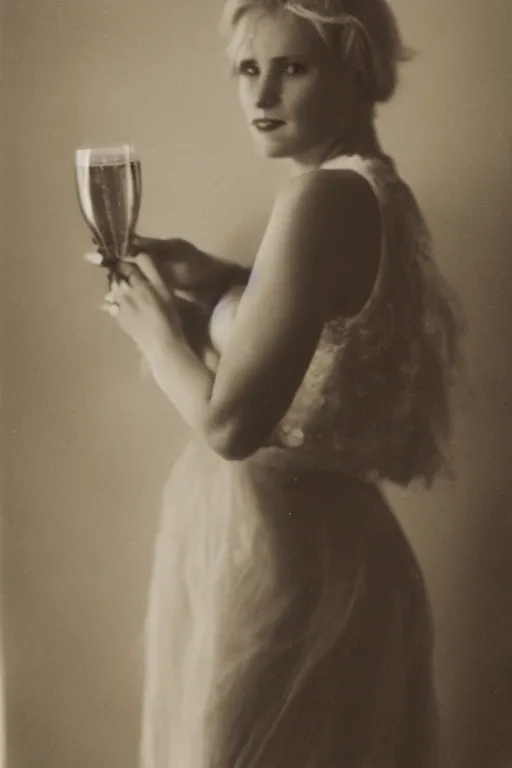 Image similar to 3 5 mm photograph of a young woman with blonde hair, wearing an evening dress, drinking champagne, photorealistic