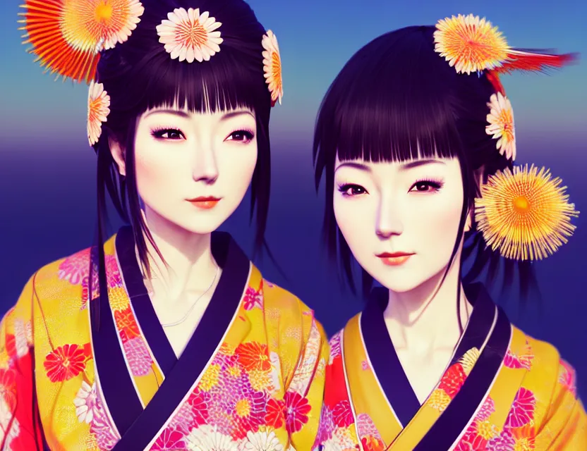 Image similar to two beautiful charming japan female superstar wear arty kimono in festival | | sunny night, festival,, realistic shaded, smile, good looking, hyper details, 4 k realistic, cryengine, realistic shaded lighting poster by ilya kuvshinov, fuji choko, ross tran, 8 k resolution, trending on artstation, luxury