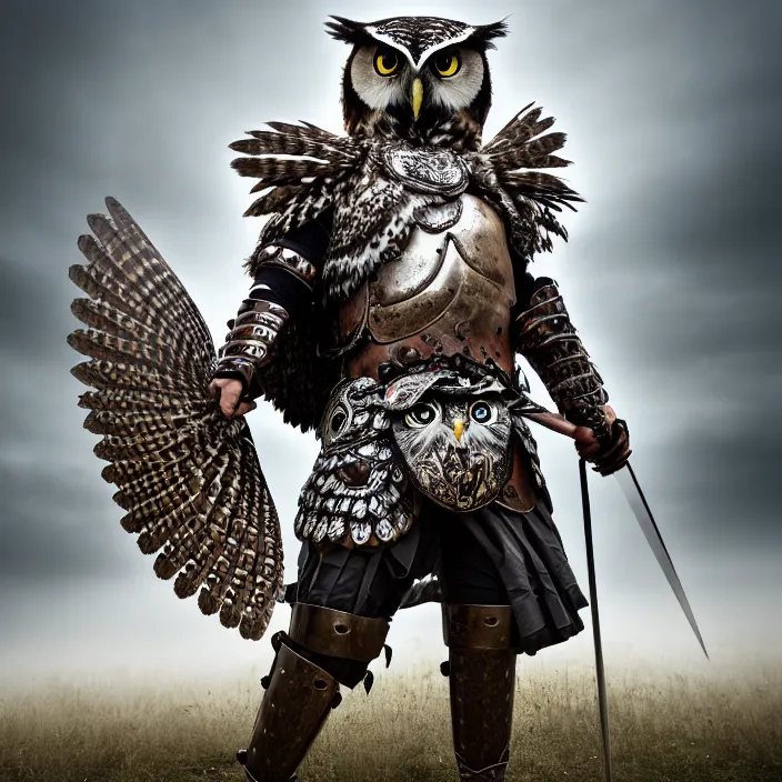 Image similar to full length photo of a warrior with owl themed armour, highly detailed, 4 k, hdr, smooth, sharp focus, high resolution, award - winning photo