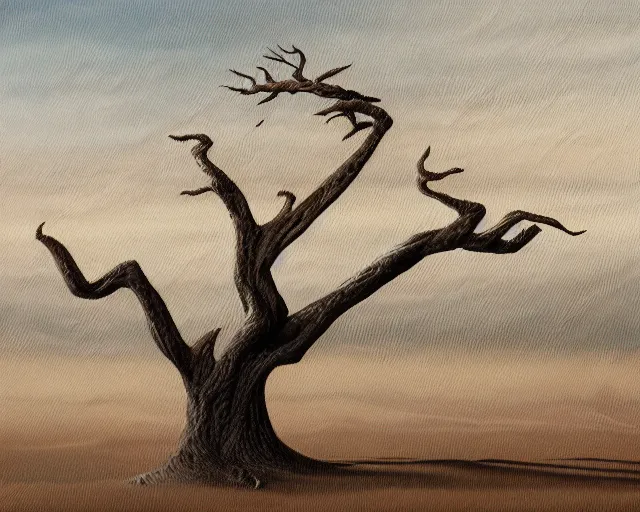 Image similar to a painting of a tree in the desert, an airbrush painting by breyten breytenbach, wavy sand pattern, cgsociety, neo - primitivism, airbrush art, dystopian art, apocalypse landscape