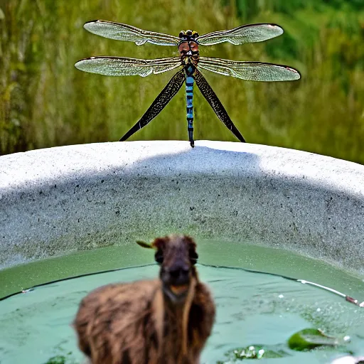 Prompt: dragonfly in a bathtub in the alps, goats in background