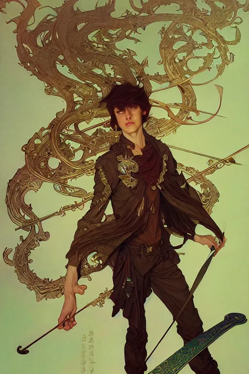 Image similar to thin young male bard, green long straight hair, fantasy, highly detailed, intricate, smooth, art by joseph leyendecker, peter mohrbacher, ruan jia, marc simonetti, ayami kojima, cedric peyravernay, alphonse mucha, victo ngai