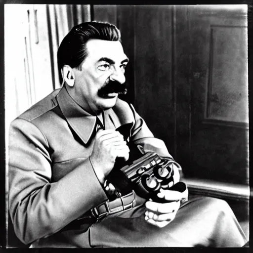 Prompt: Stalin playing on Playstation, black and white photograph