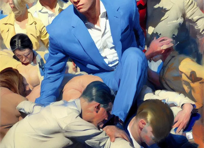 Image similar to greg manchess portrait of a blond man in a blue suit wounded surrounded by a crowd, organic painting, sunny day, matte painting, bold shapes, hard edges, street art, trending on artstation, by huang guangjian, gil elvgren, ruan jia, randy vargas, greg rutkowski