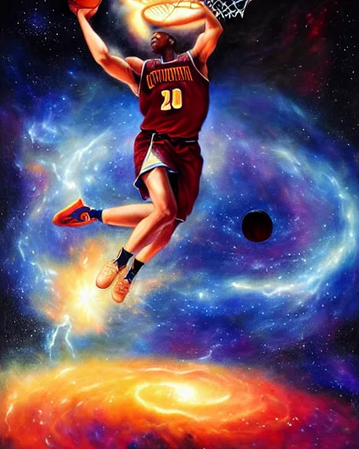 Image similar to cosmic basketball player dunking a basketball hoop in a nebula, an oil painting, by ( leonardo da vinci ) and greg rutkowski and rafal olbinski and ross tran, award - winning magazine cover