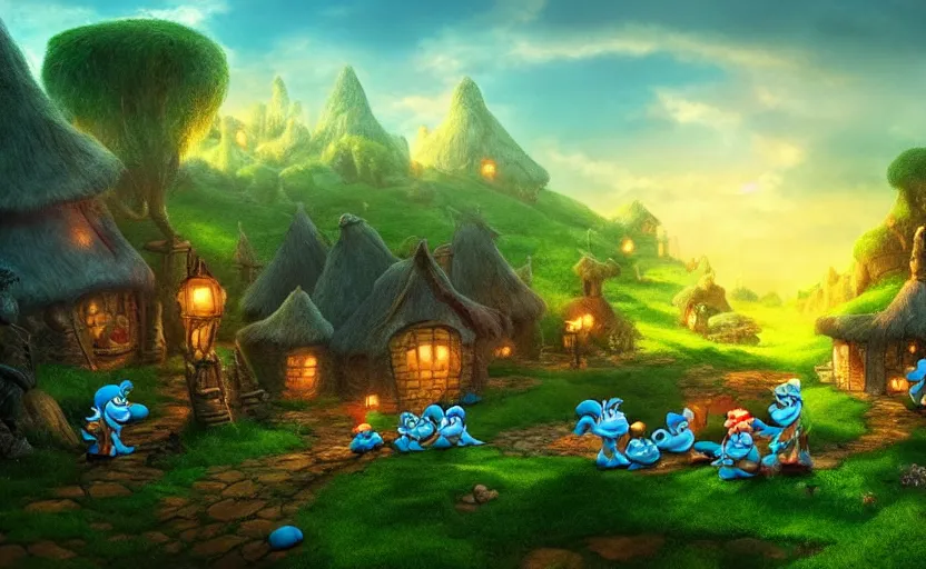 Prompt: a beautiful photo the smurfs village, hyper realistic, natural light, concept art,, cozy atmospheric and cinematic lighting