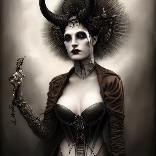 Image similar to By Tom Bagshaw, ultra realist soft painting of curiosities cyberpunk carnival by night, very beautiful horned single female gothic corset , symmetry accurate features, very intricate details, ominous sky, black and white, volumetric light clouds