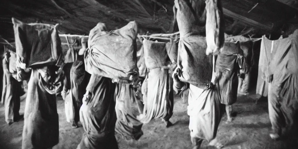 Prompt: creepy photo of people with sacks on their head dancing around a small obsidian monolith in a barn, 70mm film, old film, found film, scary, ominous, disturbing, texas chainsaw massacre