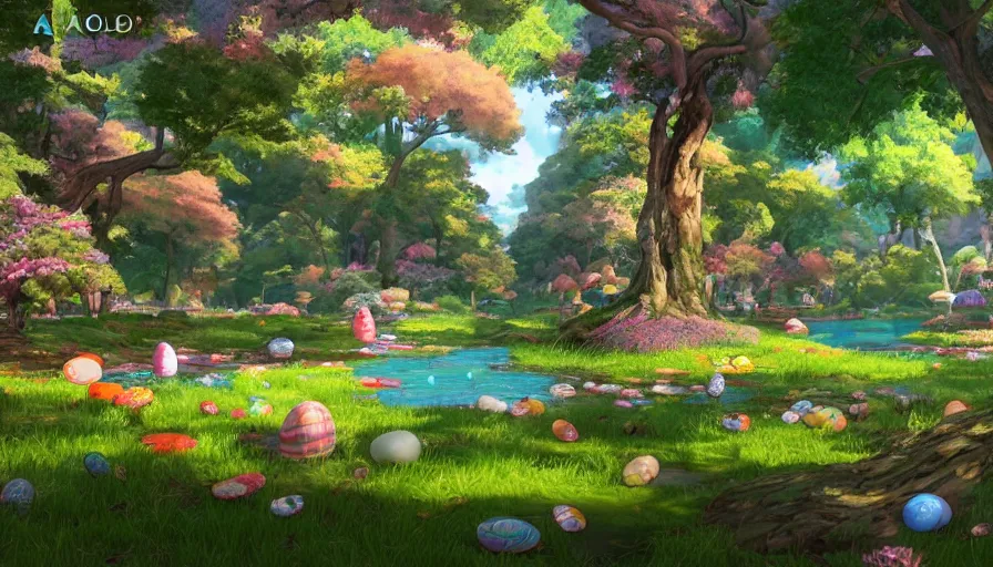 Image similar to a colorful easter land with a pond, beautiful ancient trees, hiding large treasure chest, serene evening atmosphere, soft lens, soft light, cel - shading, animation, in the style of cgsociety, deviantart, artstation, zbrush, cinema 4 d, studio ghibli, akihiko yoshida, atelier lulua, masamune shirow