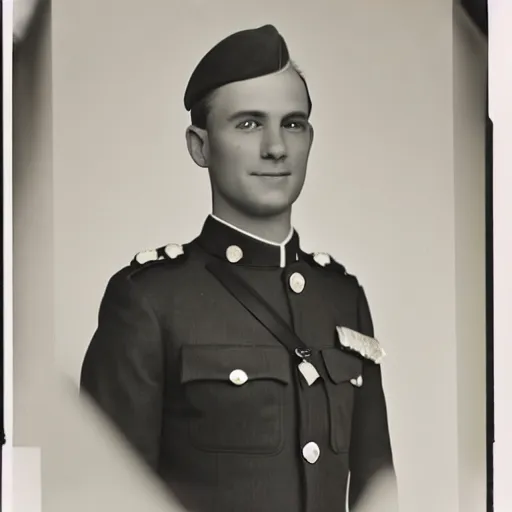 Image similar to his highness the heir presumptive, a clean shaven man in his early 3 0 s with a pleasant look and thick, light hair, his military uniform bearing several medals, black and white photography, kodak retina i, 3 5 mm, photo taken 1 9 0 8