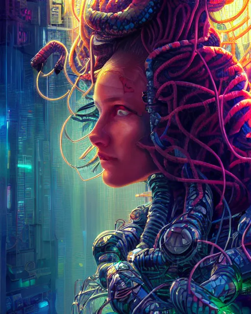 Prompt: a cyberpunk close up portrait of cyborg medusa, electricity, snakes in hair, sparks, bokeh, soft focus, skin tones, warm, sky blue, daylight, geometric, by paul lehr, jesper ejsing
