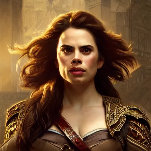 Image similar to Hayley Atwell as a character in Diablo 3, gorgeous, beautiful, intricate, highly detailed, digital painting, artstation, oppressive lighting, concept art, sharp focus, illustration, art by greg rutkowski and alphonse mucha