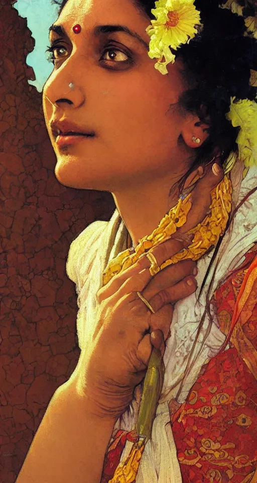 Image similar to close up a beautiful Indian doctor in Texas, sun shining, photo realistic illustration by greg rutkowski, thomas kindkade, alphonse mucha, loish, norman rockwell.