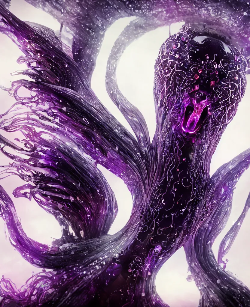 Image similar to close-up macro portrait of the face of a dark queen princess, epic angle, epic pose, symmetrical artwork, 3d with depth of field, blurred background. cybernetic jellyfish phoenix bird, translucent, nautilus. energy flows of water and fire. a highly detailed epic cinematic concept art CG render. made in Maya, Blender and Photoshop, octane render, excellent composition, cinematic dystopian brutalist atmosphere, dynamic dramatic cinematic lighting, aesthetic, very inspirational, arthouse. y Greg Rutkowski, Ilya Kuvshinov, WLOP, Stanley Artgerm Lau, Ruan Jia and Fenghua Zhong