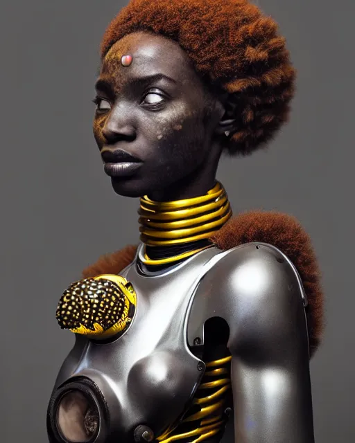 Image similar to beautiful afrofuturistic himba woman holding her helmet, otjize, led detailed spacesuit, himba hairstyle, robotic arms, hyperrealistic, scifi, retouched photograph, dark, muted colors