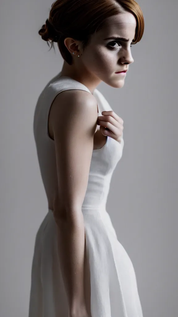 Prompt: detailed photo of emma watson cosplaying annie leonhart wearing open toe high heels and wearing a white dress in a white room looking up, beautiful face, pale skin, rule of thirds, cinematic lighting, sharp focus, backlit, stunning, smooth, hard focus, full body shot, studio photo, shot on sony a 7 iii, hyper realistic, camera sony nicon