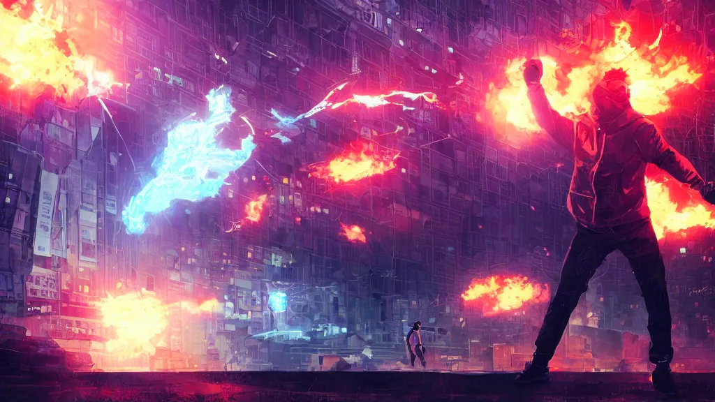 Prompt: angry protester throwing a rock, digital illustration by greg rutkowski, android netrunner, nighttime, cyberpunk city backgrounds, colored lighting