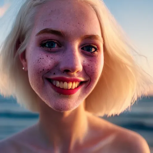 Image similar to beautiful hyperrealism hyperdetailed photograph of a cute thin young woman in love with you, smiling adoringly at the camera, platinum blonde hair, flushed face, blushing, big puffy lips, heart - shaped face, light freckles on cheeks and nose, 8 k, sharp focus, golden hour, beach setting