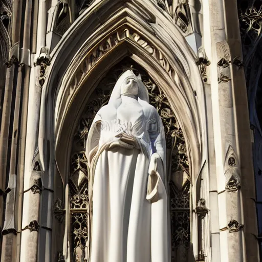 Image similar to architectural shot, no decaying lines, alabaster gothic cathedral, gothic sapphire female statue, intricate arabesque detailed silk dressed, macro head face