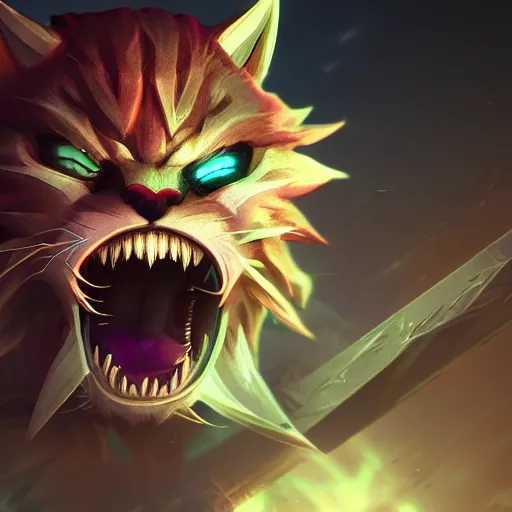 Image similar to league of legends rengar, very detailed, 4 k, chromatic aberration, global illumination, vivid colors, volumetric lighting