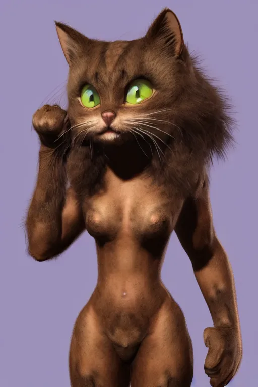 Prompt: A female cat anthropomorphic cartoon character posing with arms crossed and eyes closed. Her fur is matted and dirty. The pose is dramatic, showing off her muscular physique. Concept art, video game art, sharp focus, natural lighting, full body, extremely detailed, trending on artstation