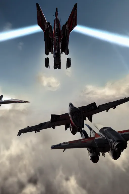 Image similar to 8k ultrarealistic dogfight in the sky between Starscream and Jetfire from Transformers