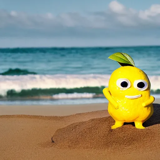 Prompt: 5 0 mm photograph, of a real anthropomorphic lemon character, with lemon skin texture, it is wearing a hat and scuba diving, building a sandcastle on the beach at sunset, beach, huge waves, sun, clouds, tropical trees, rim light, cinematic photography, professional, sand, sandcastle, volumetric lightening