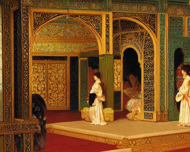 Image similar to a beautiful, detailed oil painting in the orientalist style, of the ornate chambers of an oriental arabian princess, with screens and silks, by frederic leighton
