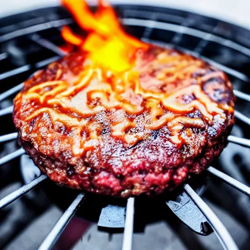 Prompt: A burning burger on the stove