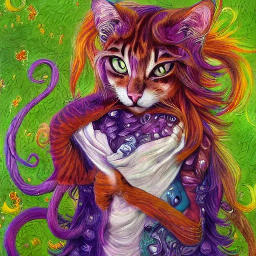 Prompt: cat seahorse shapeshifter, long haired humanoid fursona, detailed painterly digital art by wlop, louis wain, lisa frank, furaffinity, cgsociety, trending on artstation