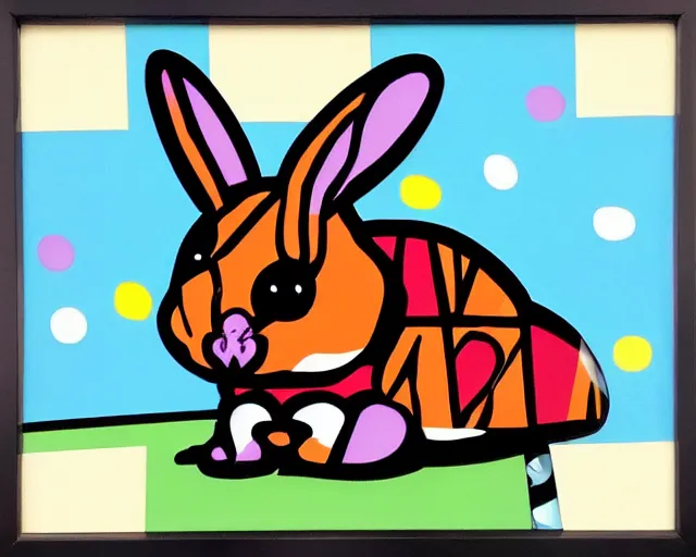 Image similar to a very cute netherland dwarf black bunny, art by romero britto