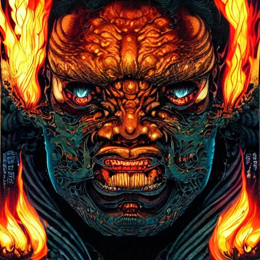 Prompt: portrait of crazy balrog with fire, symmetrical, by yoichi hatakenaka, masamune shirow, josan gonzales and dan mumford, ayami kojima, takato yamamoto, barclay shaw, karol bak, yukito kishiro