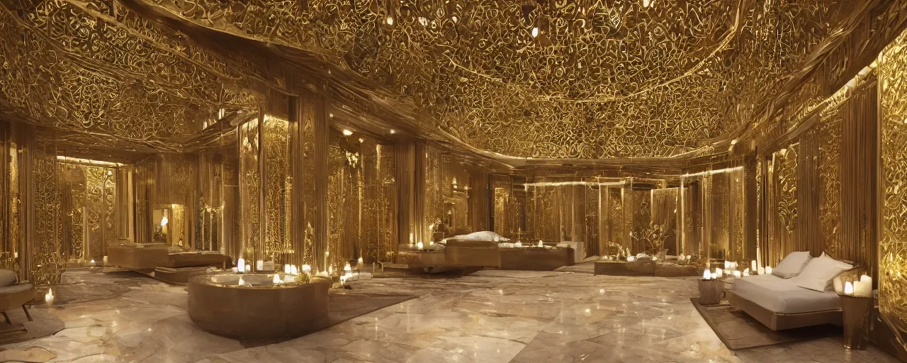 Image similar to interior of a 2 double height luxury spa with everything made of gold, candles, wellness pool, intricate detailed roof, contemporary design, sacred geometry, 8 k, hyperrealistic, photorealism,