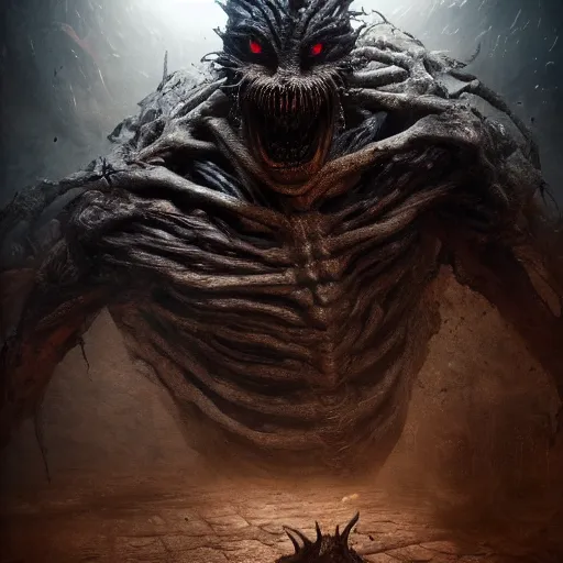 Image similar to full body pose, hyperrealistic photograph of a vile nightmare creature in the darkness, dim volumetric lighting, 8 k, octane beautifully detailed render, extremely hyper detailed, intricate, epic composition, cinematic lighting, masterpiece, trending on artstation, very very detailed, stunning, hdr, smooth, sharp focus, high resolution, award, winning photo, dslr, 5 0 mm