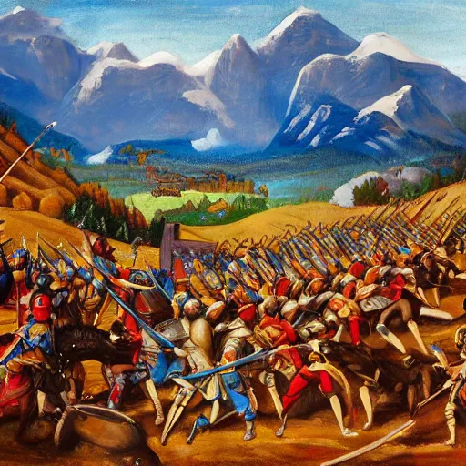 Image similar to colorful simple wideshot of a medieval battle in front of a beautiful blue mountainscape, painting