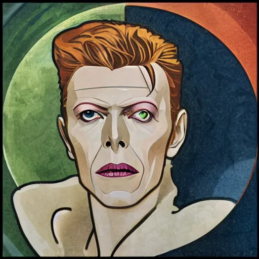 Prompt: david bowie as the man who fell to earth, mucha style