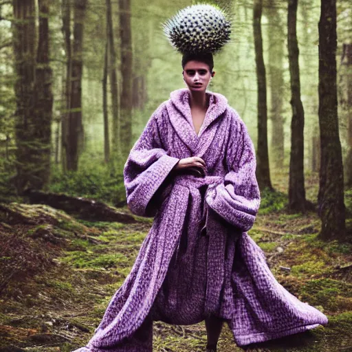 Image similar to a woman with a thistle robe made of thistle in a forest, vogue magazine