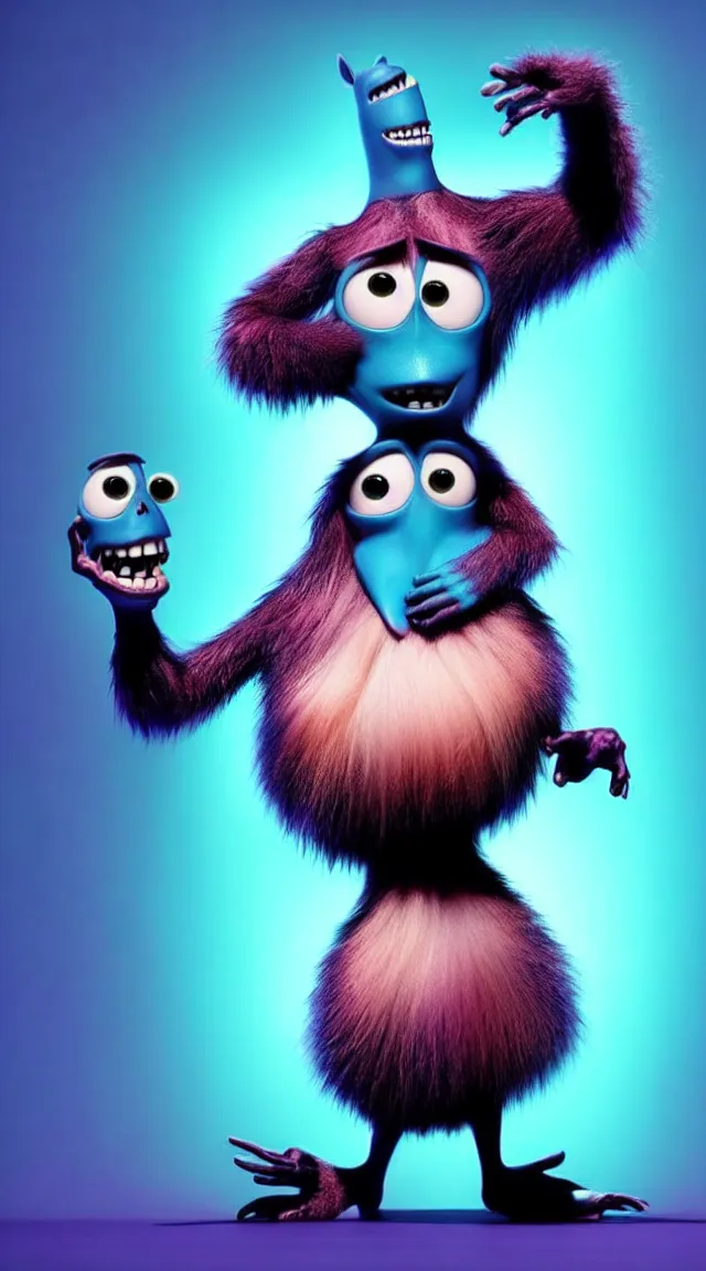 Prompt: a full studio shot of a deadly virus as a pixar character against a dark cyan backdrop. it is sinister yet friendly. hair, fur, fleshy, cute.