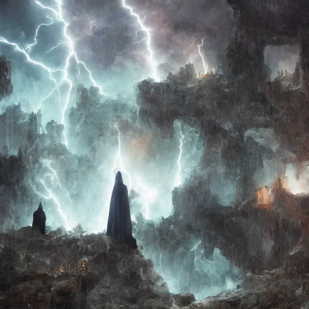 Image similar to a still of a cloaked figure standing in the ruins of crux prime, monastery, there is lightning, blue fiery maelstrom in the distance, it is raining, digital art, artstationhq