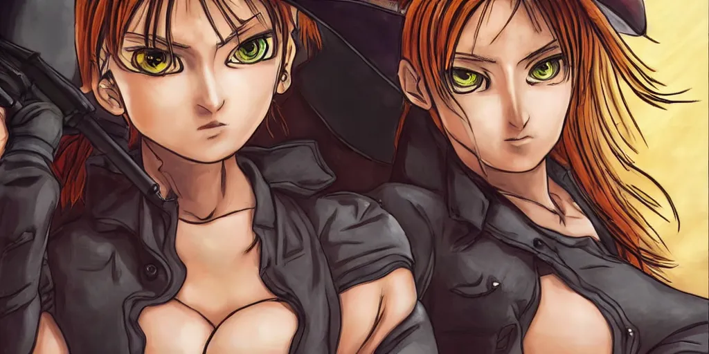 Prompt: portrait, complexity, global lighting, detail, ultra sharpness, beautiful female sheriff body from games yoshihiro togashi style, big eyes, plump lips, a gunshot, global lighting, western saloon theme, detailed faces, blank faces, style yoshihiro togashi style.