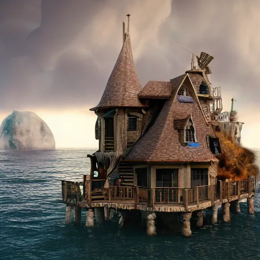 Prompt: a witches house on the ocean, epic scene, fantasy, redshift render, cgi, hyper - detailed, photo - bash, 8 k post - production, masterpiece