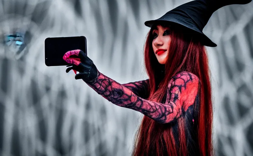 Image similar to a spider witch taking a selfie photo, detailed. artstation. 2 5 mm f / 1. 7 asph lens. ultra realistic