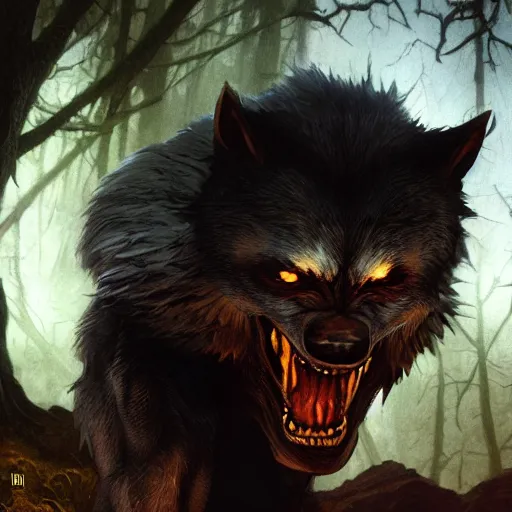 Image similar to werewolf staring at you, 3d scene, render, ultra realistic, zenith view, Frank Frazetta, Richard Corben, Moebius, Greg Rutkowski, artstation, cgsociety, level design, unreal engine, 3d scene, render, ultra realistic